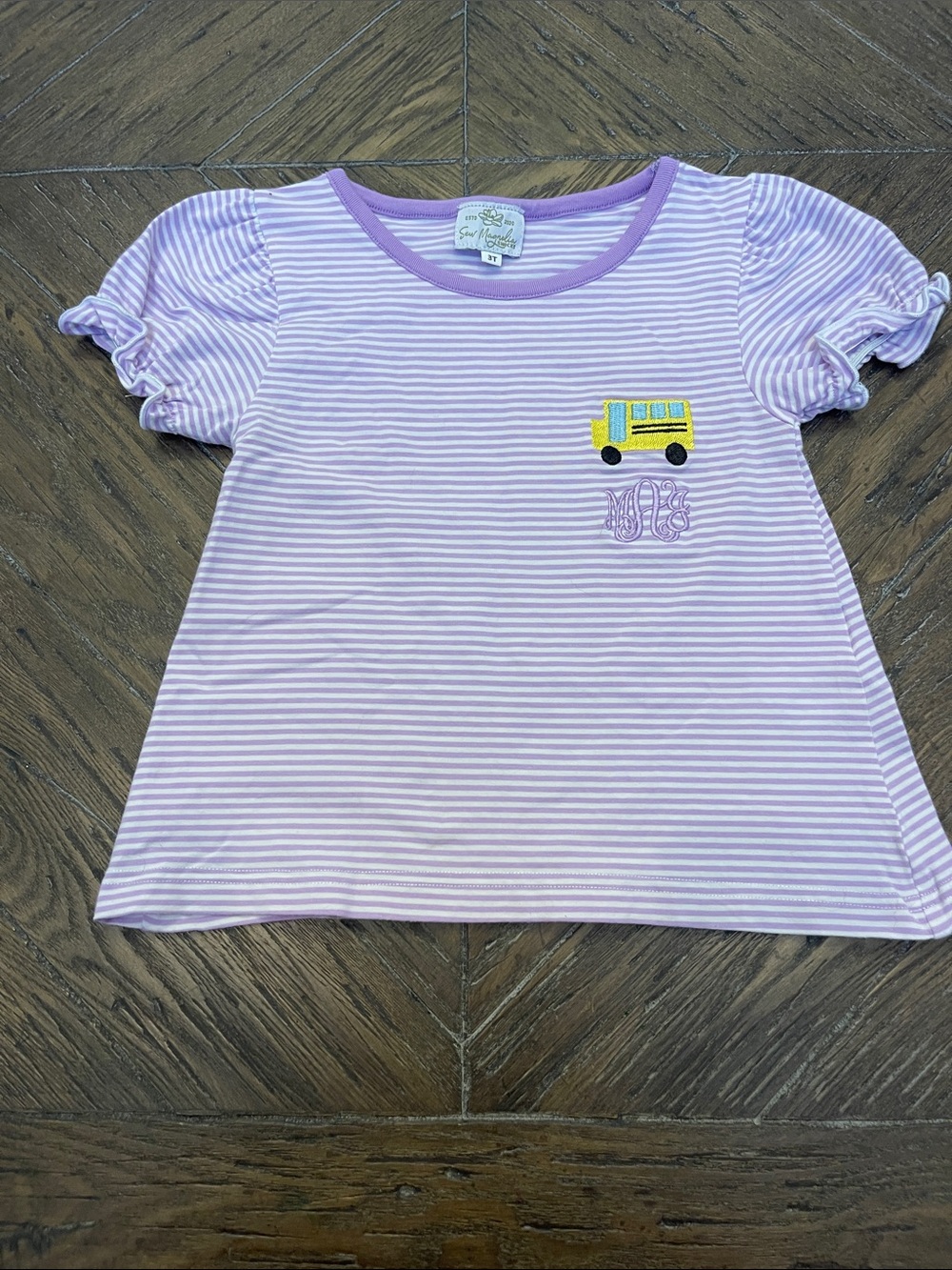 Sew Magnolia Lavender Striped Short Sleeve Tee with Yellow Bus & MAJ Monogram